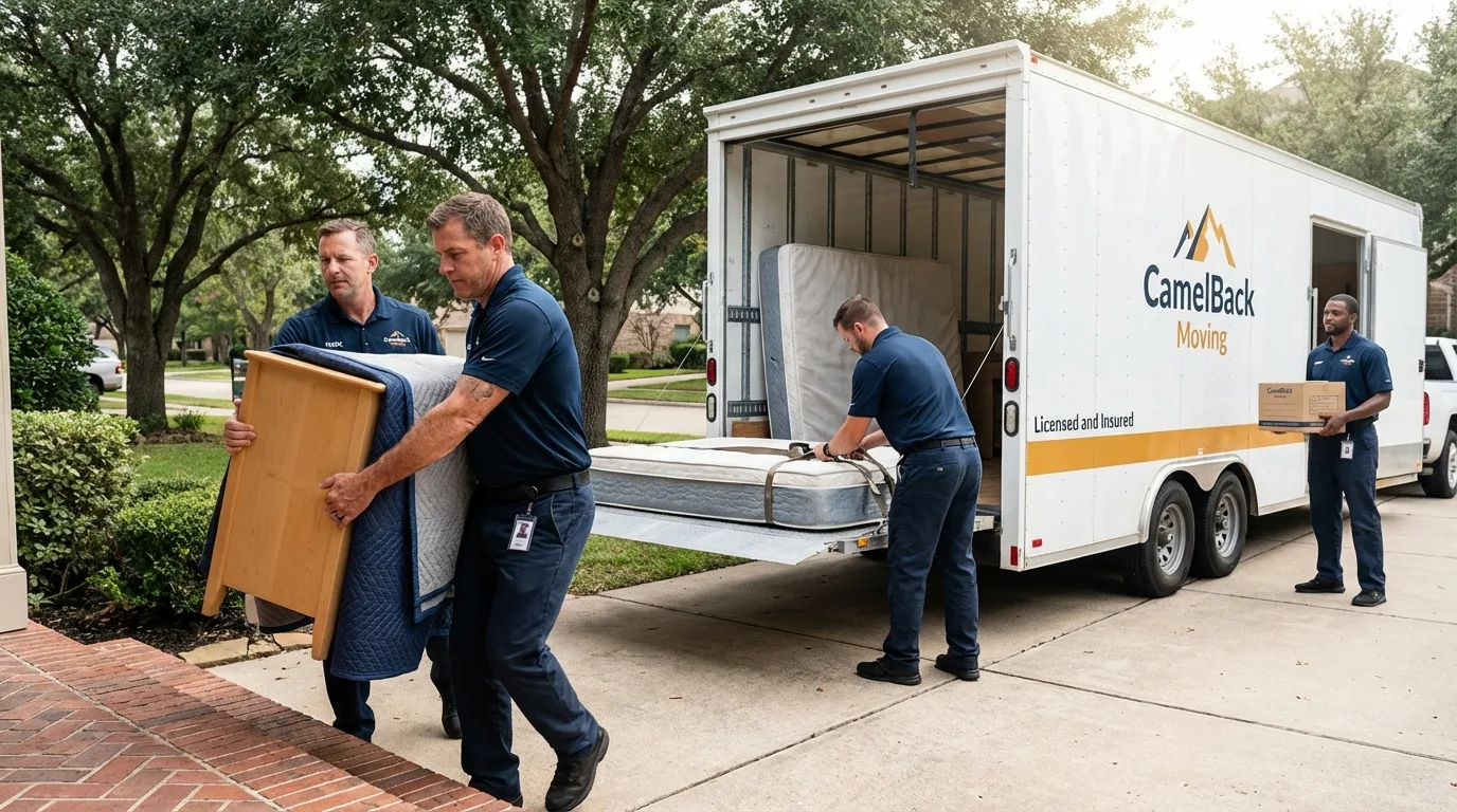 Crew loading residential truck for cross-state move from New Lisbon, WI