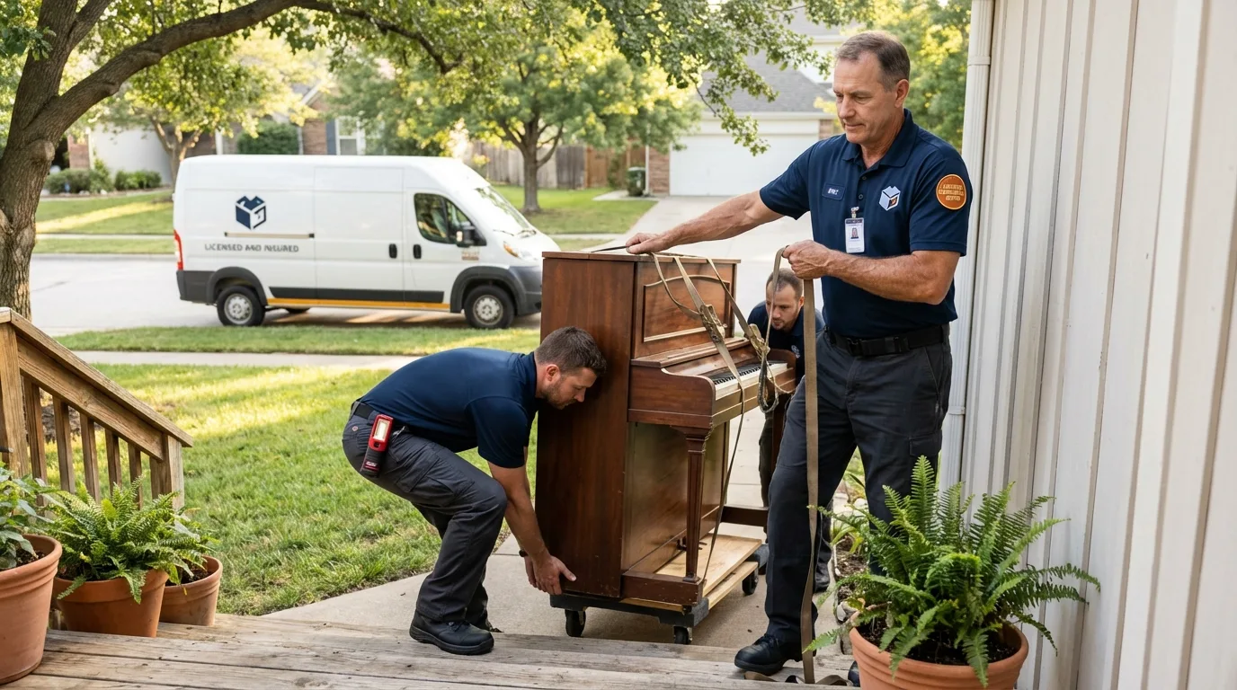 Licensed piano movers securing grand piano in New Lisbon, WI