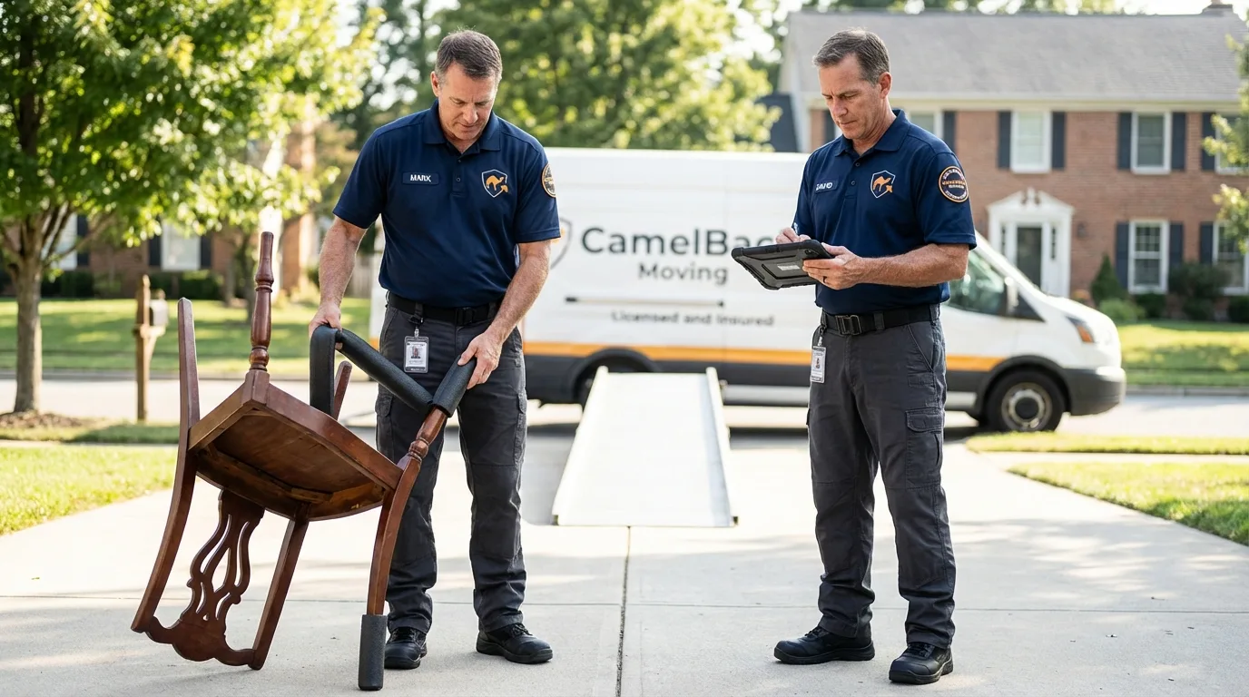 Movers inspecting furniture for damage prevention before loading in New Lisbon, WI