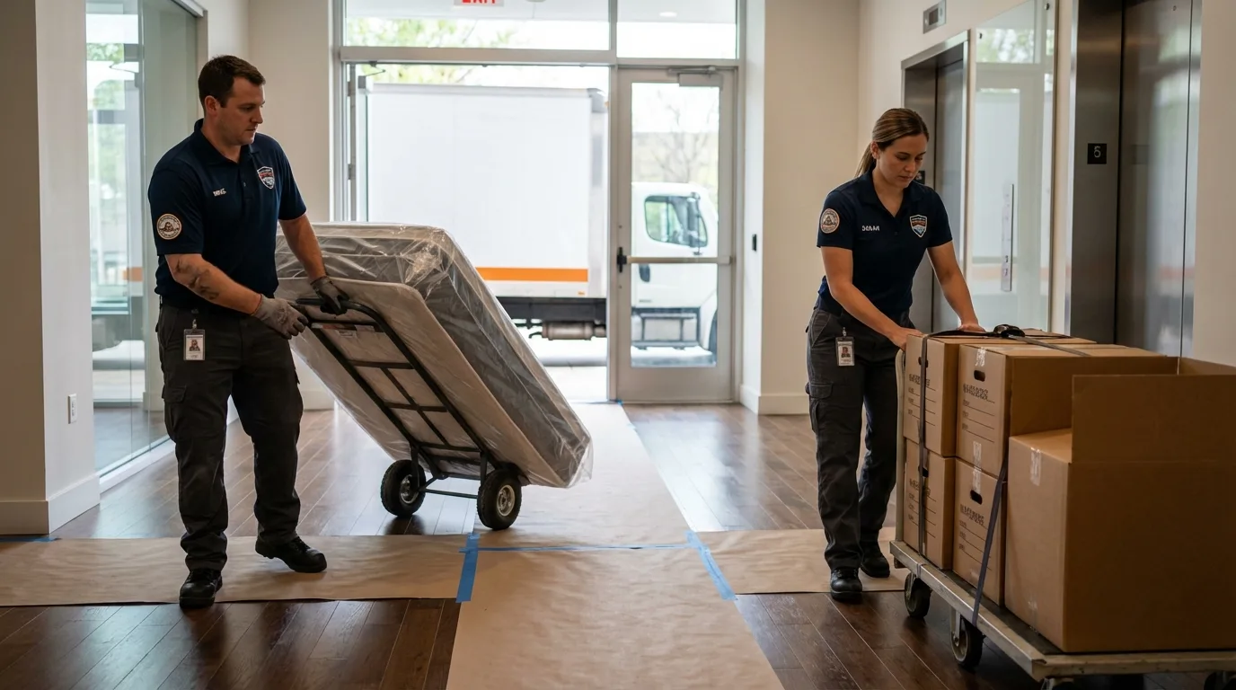 Professional apartment movers loading elevator in New Lisbon, WI
