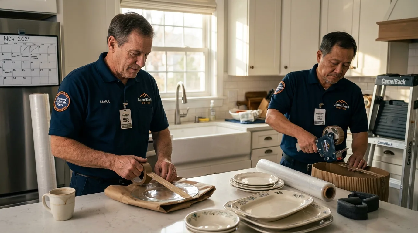 Professional crew packing kitchen dishware in New Lisbon, WI